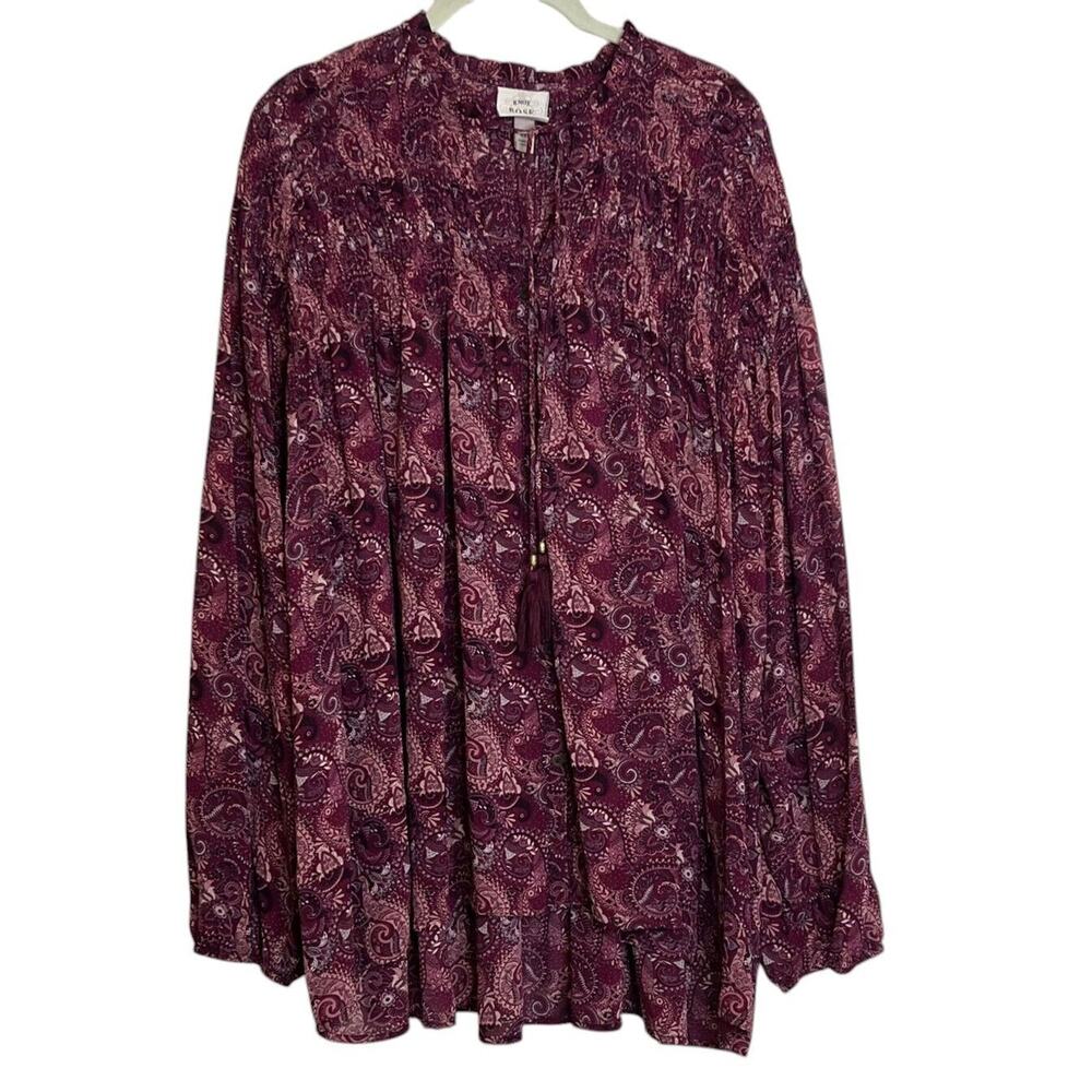 Knox Rose Womens Chiffon Tunic Size XXL Burgundy Paisley Smocked Bodice Boho